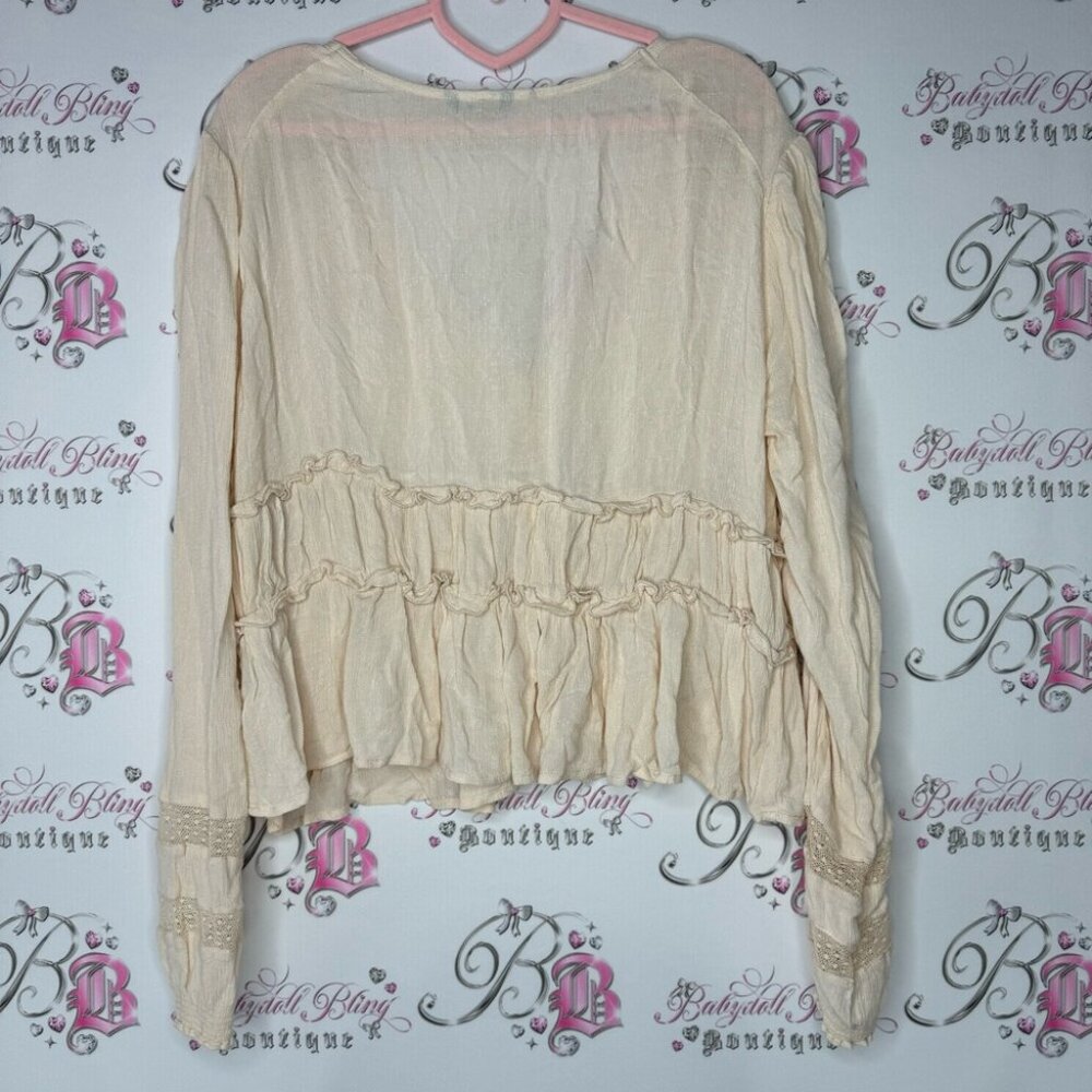 Buffalo long sleeve blouse top crochet style button down blouse puff ruffle boho - Picture 3 of 7